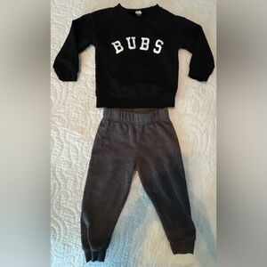 Boys-2T- Black/Gray Set.
Sweatshirt-2T/ Pants 18mo. but are more 
like 24mo./ 2T